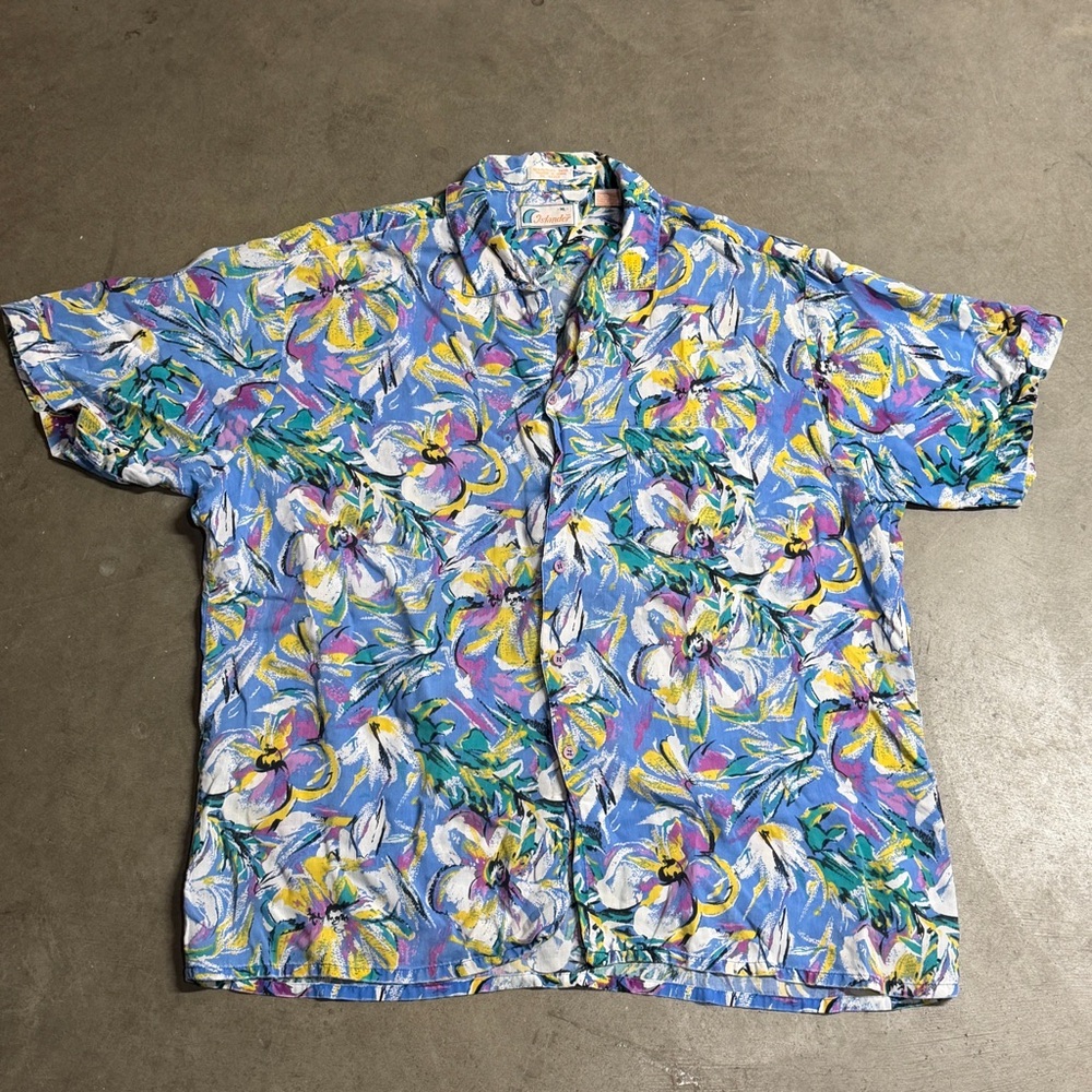 Vintage Islander Size XL Abstract Floral Short Sleeve Button Front Shirt Blue